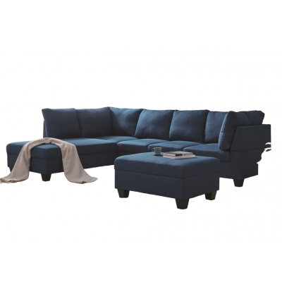 Canapé d'angle avec pouf MEMPHIS tissu bleu gauche