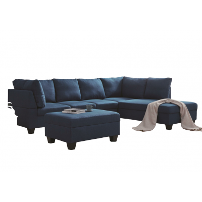 Canapé d'angle avec pouf MEMPHIS tissu bleu Droite
