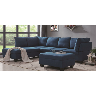 Canapé d'angle avec pouf MEMPHIS tissu bleu