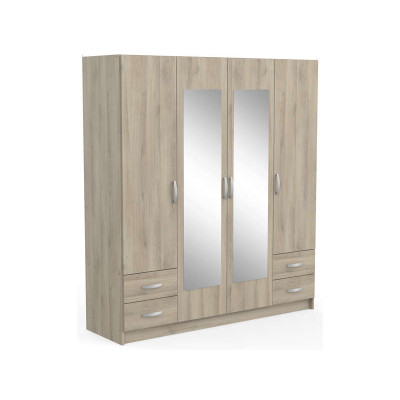 Armoire POP chêne 4 portes 2 miroirs 2 tiroirs