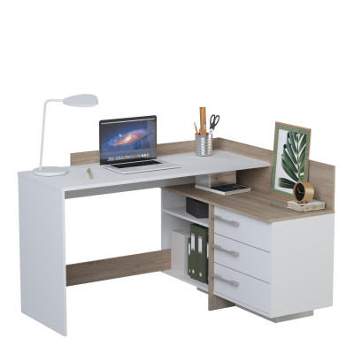 Bureau THALES d'angle 3 tiroirs - Décor chêne et blanc